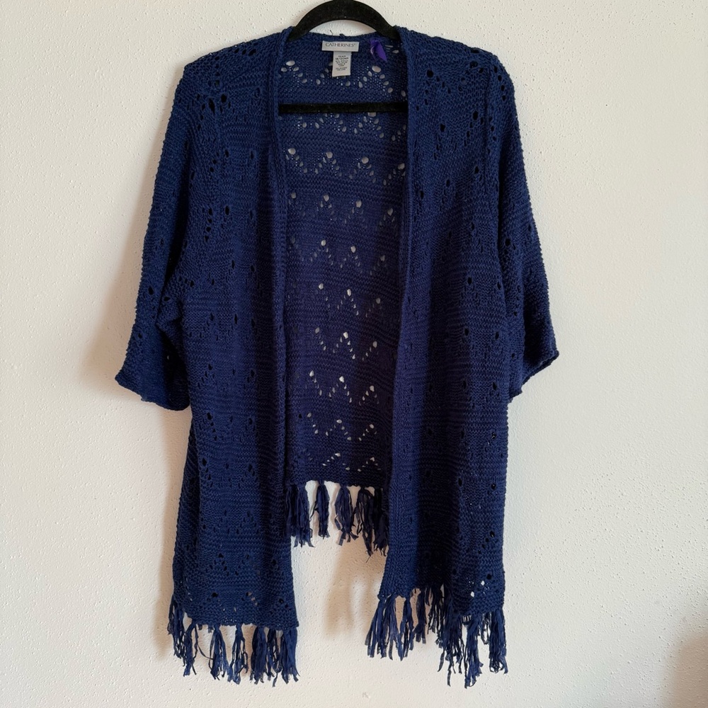 Catherines Blue Short Sleeve Knit Fringe Cardigan Size 1X